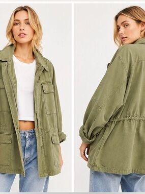 Free People Seize the Day Utility Jacket Olive Oversized L EUC